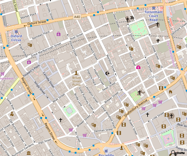 OpenStreetMap of Soho, central London, shown in "standard" OpenStreetMap layer