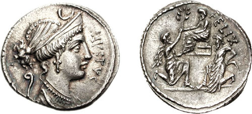 Denarius of Faustus Cornelius Sulla, 56 BC. It shows Diana on the obverse, while the reverse depicts Sulla being offered an olive branch by his ally Bocchus I. Jugurtha is shown captive on the right.