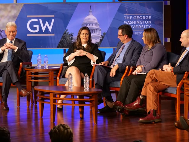"Trump's First Year", a 2017 event held with White House press secretary Sarah Huckabee Sanders and the chief correspondents from The New York Times, CNN, Fox News, and the president of the White House Correspondents' Association, held by the School of Media and Public Affairs.