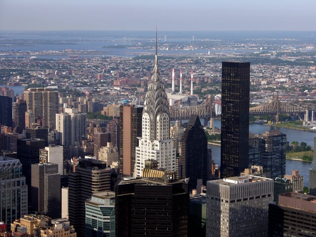 The Chrysler Building from the Empire State Building, both erected as part of New York City's 1920s building boom