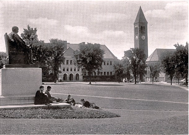 The Arts Quad of Cornell University in 1919. The organization  was founded in Ithaca, N.Y., by students of Cornell University.
