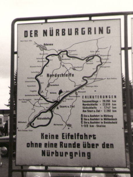 Nürburgring circuit map, taken at the 1964 German Grand Prix; the legend advises "No driving in the Eifel (mountains) without a lap on the Nürburgring".