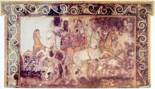 A fresco showing Hades and Persephone riding in a chariot, from the tomb of Queen Eurydice I of Macedon at Vergina, Greece, 4th century BC