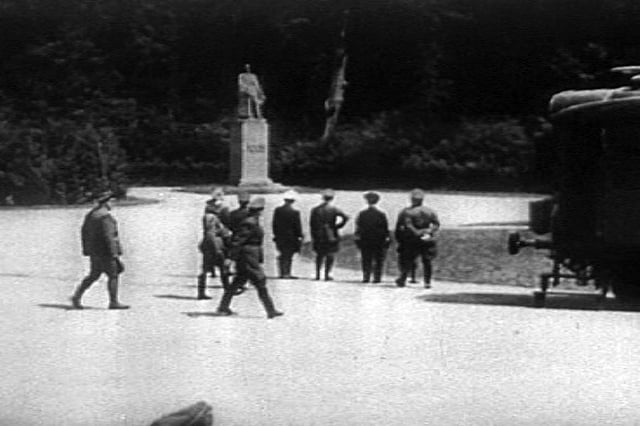 On 21 June 1940, near Compiègne in France, Hitler (hand on hip) staring at Marshal Foch's statue before starting the negotiations for the armistice, to be signed the next day by Keitel, Hitler being absent. The Glade of the Armistice was soon destroyed together with all commemorative monuments (except Foch's statue) by the Germans.