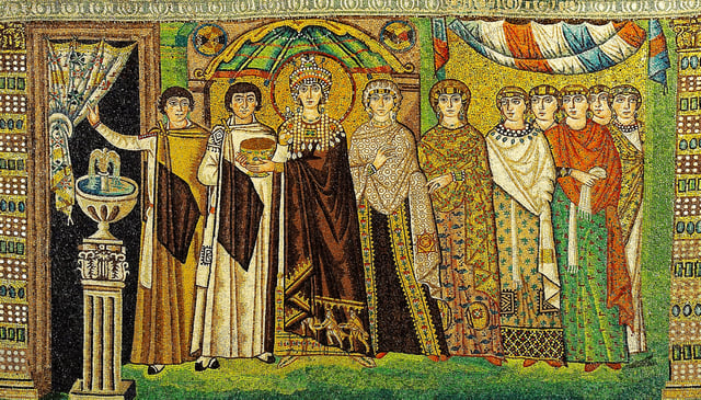 Empress Theodora and attendants (Mosaic from Basilica of San Vitale, 6th century).