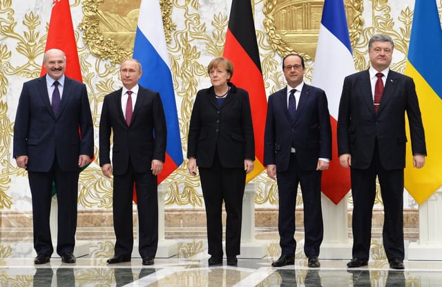 Leaders of Belarus, Russia, Germany, France, and Ukraine at Minsk II summit, 2015