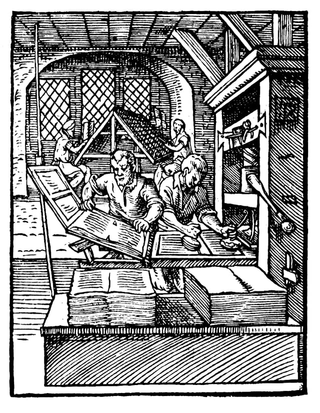 This woodcut from 1568 shows the left printer removing a page from the press while the one at right inks the text-blocks. Such a duo could reach 14,000 hand movements per working day, printing around 3,600 pages in the process.