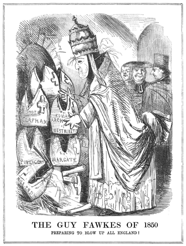 The restoration of the Catholic hierarchy in 1850 provoked a strong reaction.  This sketch is from an issue of Punch, printed in November that year.