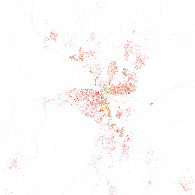 Map of racial distribution in Reno, 2010 U.S. Census. Each dot is 25 people: White, Black, Asian, Hispanic or Other (yellow)
