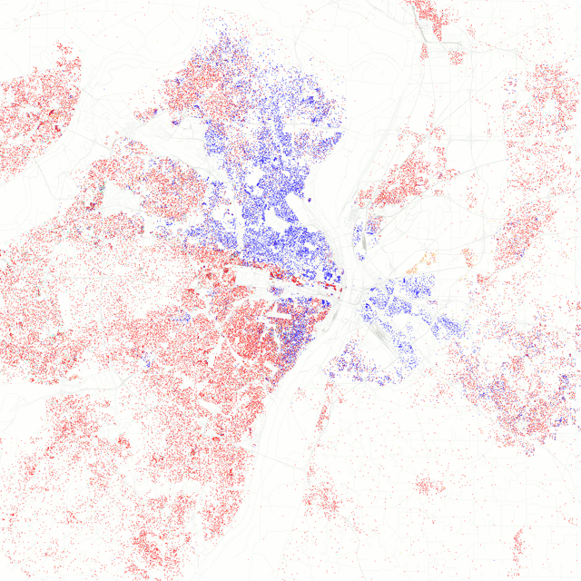 Map of racial distribution in St. Louis, 2010 U.S. Census. Each dot is 25 people: White, Black, Asian, Hispanic or Other (yellow)