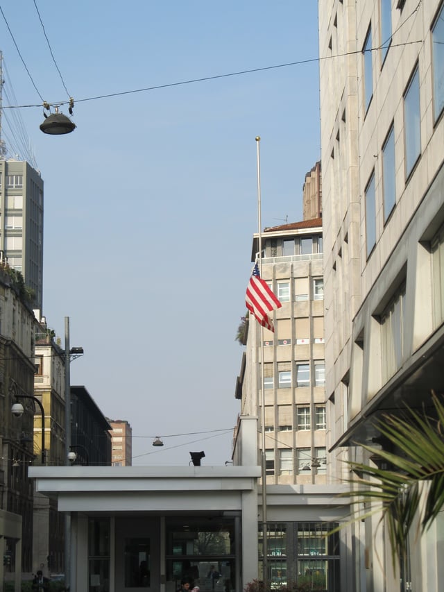 Flag flying at half staff at the American consulate in Milan, Italy