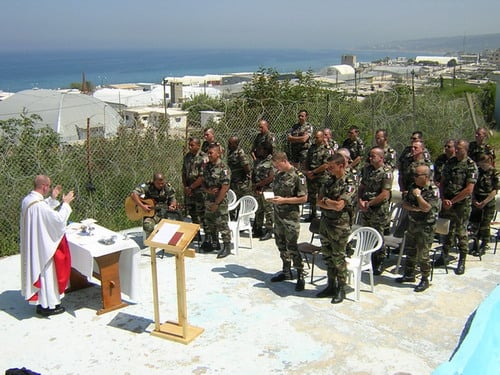 French soldiers of the UNIFIL attending a Catholic Mass in Lebanon