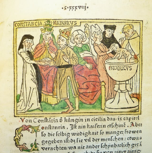 Woodcut illustration of Constance of Sicily, her husband Emperor Henry VI and her son Frederick II
