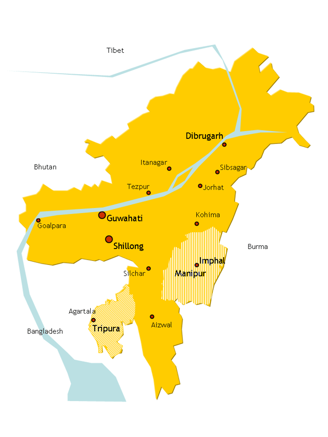Assam till the 1950s; The new states of Nagaland, Meghalaya and Mizoram formed in the 1960-70s. From Shillong, the capital of Assam was shifted to Dispur, now a part of Guwahati. After the Indo-China war in 1962, Arunachal Pradesh was also separated out.