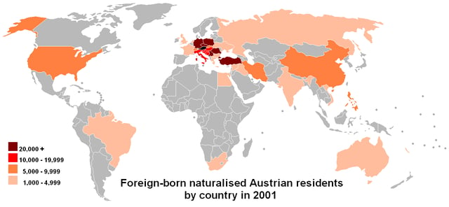 The birthplaces of foreign-born naturalised residents of Austria