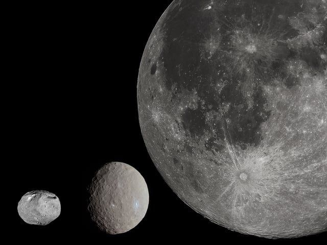 The largest asteroid in the previous image, Vesta (left), with Ceres (center) and the Moon (right) shown to scale.
