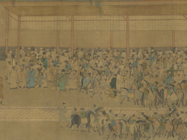 Candidates gathering around the wall where the results are posted. This announcement was known as   "releasing the roll" (放榜). (c. 1540, by Qiu Ying)