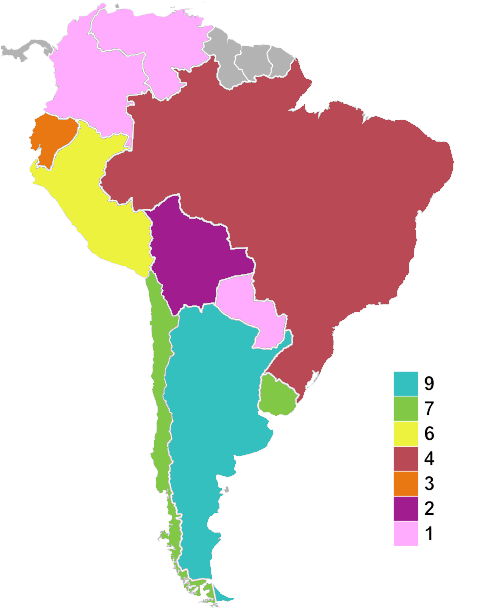 Map of countries' times hosted as of 2015.