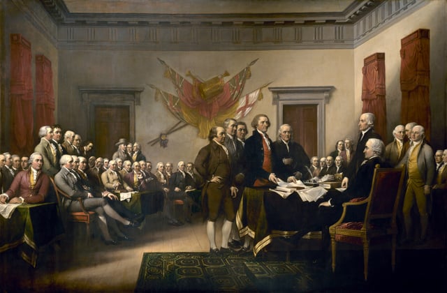 Trumbull's Declaration of Independence – committee presents draft to Congress. Adams is depicted at center with his hand on his hip.