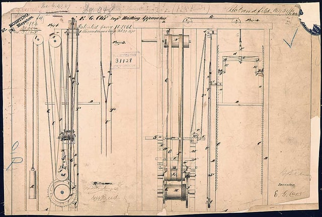 Elisha Otis's elevator patent drawing, 15 January 1861