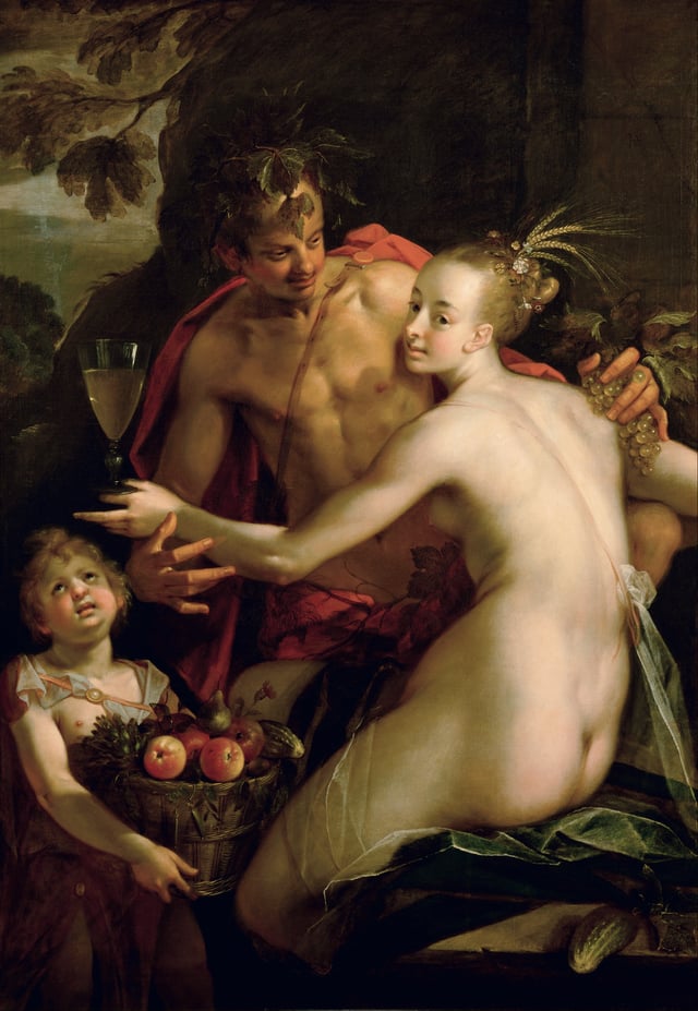 Bacchus, Ceres and Amor, (1595–1605). Oil on canvas by Hans von Aachen.