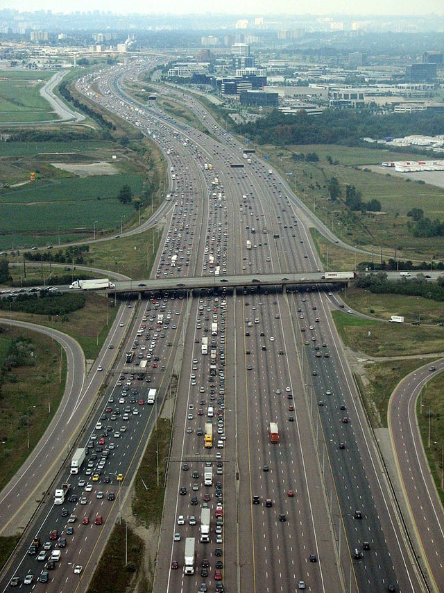 Highway 401 in Southern Ontario, Canada. An example of a collector-express freeway design, the route features four carriageways through Toronto