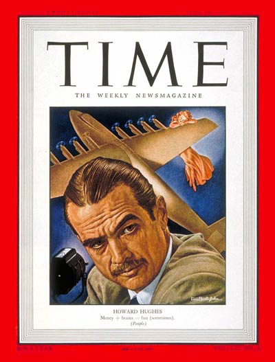 Hughes on the cover of TIME Magazine, July 1948 (with the Hughes H-4 Hercules on the background)