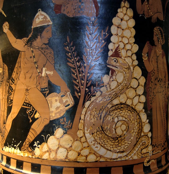 Paestan red-figure kylix-krater (c. 350–340 BC) showing Cadmus fighting the dragon of Ares
