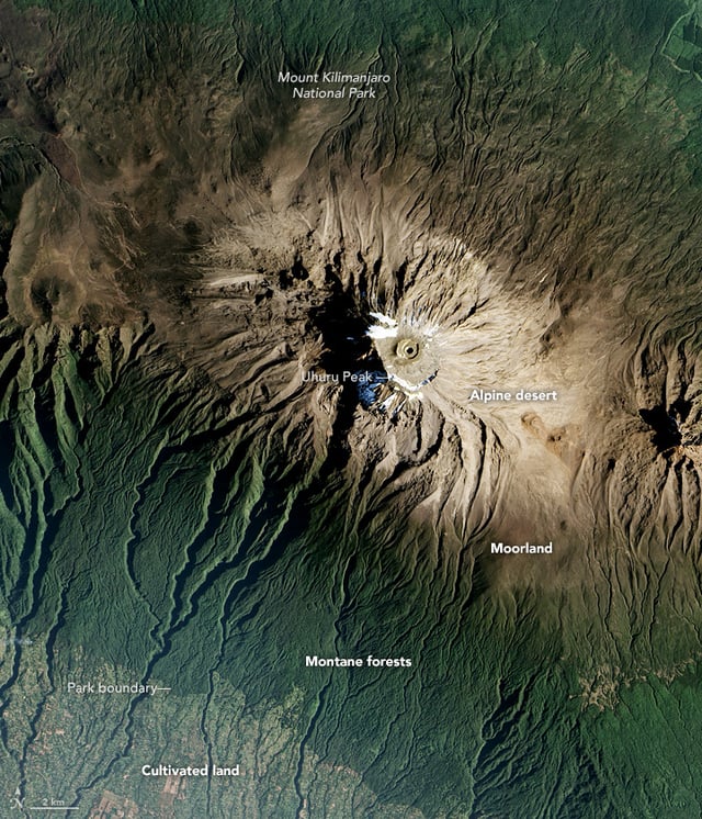 Mount Kilimanjaro from space, illustrating its diverse vegetation zones.