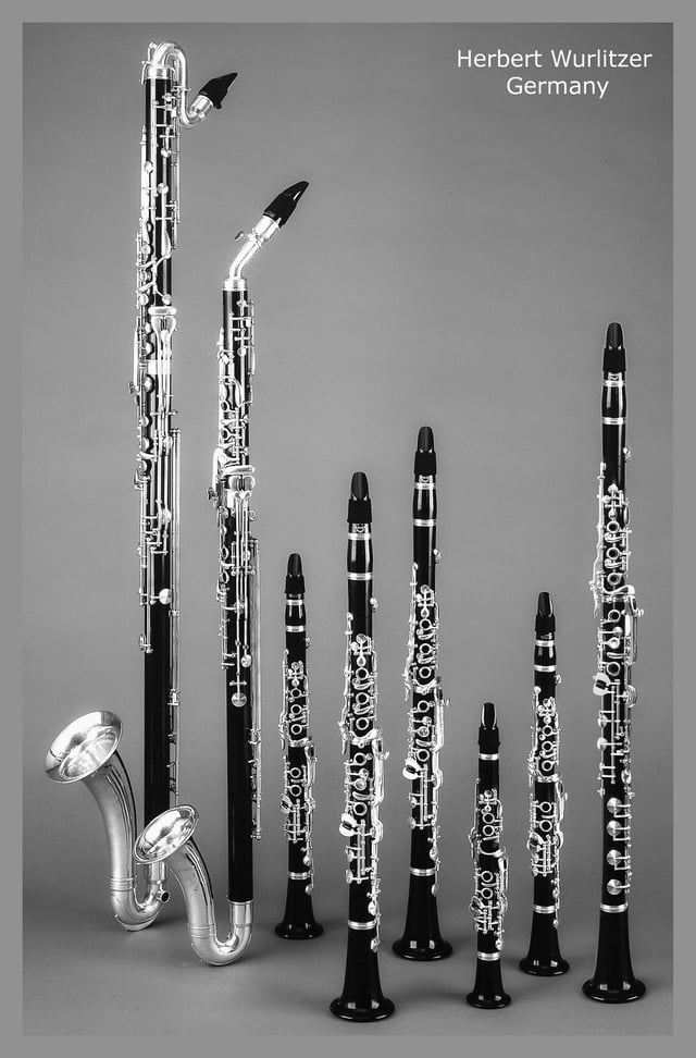 Bass clarinet, Basset horn, clarinets in D, B♭, A, high G and E♭