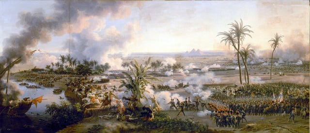 Napoleon defeated the Mamluk troops in the Battle of the Pyramids, 21 July 1798, painted by Lejeune.