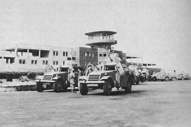 Israeli armored vehicles in Lydda airport after the town's capture by Israeli forces.