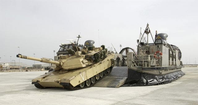 A Marine M1 Abrams tank offloading from a Landing Craft Air Cushioned vehicle