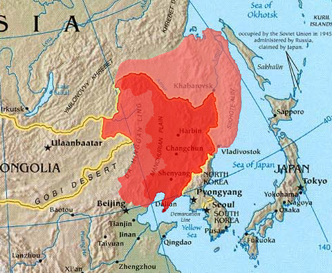 Greater Manchuria. Russian (outer) Manchuria is the lighter red region to the upper right.