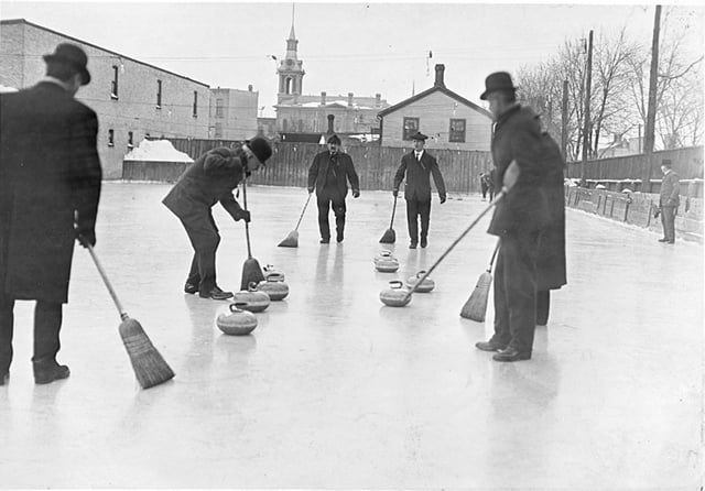 Men curling in Toronto, Ontario, Canada, in 1909