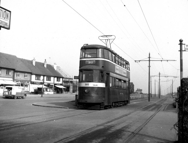 Tram on Middleton Ring Road, Lingwell Road tram stop, the terminus before the extension to Belle Isle was built in 1949.
