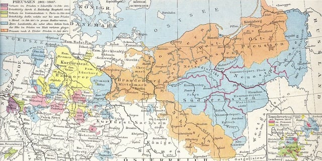 Prussia (orange) and its territories lost after the War of the Fourth Coalition (other colours)