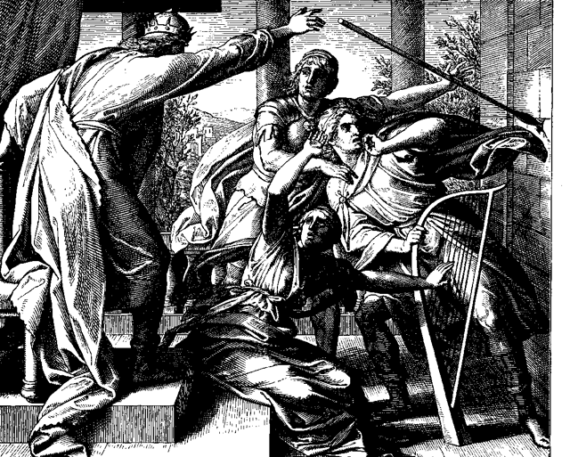 Saul attacks David (who had been playing music to help Saul feel better), 1860 woodcut by Julius Schnorr von Karolsfeld, a Lutheran