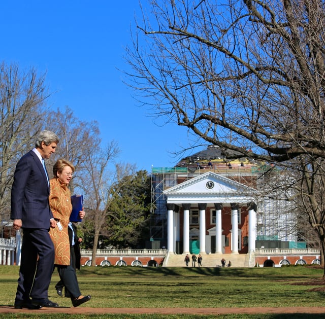 President Sullivan speaks with U.S. Secretary of State John Kerry in front of The Rotunda in 2013