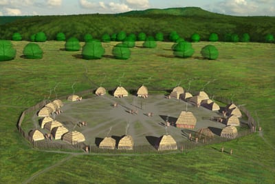 Artists conception of the Fort Ancient SunWatch Indian Village in Dayton