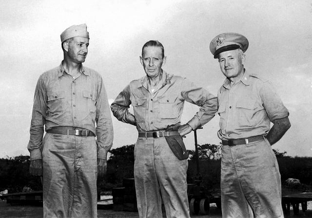 The "Tinian Joint Chiefs": Captain William S. Parsons (left), Rear Admiral William R. Purnell (center), and Brigadier General Thomas F. Farrell (right)