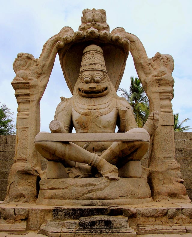 Statue of Ugranarasimha at Hampi, located within the ruins of Vijayanagara, the former capital of the Vijayanagara Empire.