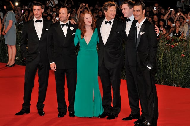 Kortajarena (right) with Matthew Goode, Tom Ford, Julianne Moore, Colin Firth and Nicholas Hoult at the 66th Venice Film Festival.