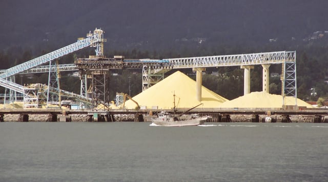 Sulfur recovered from hydrocarbons in Alberta, stockpiled for shipment in North Vancouver, British Columbia