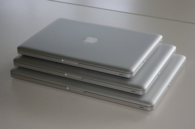 A size comparison of the unibody line of MacBook Pro laptops