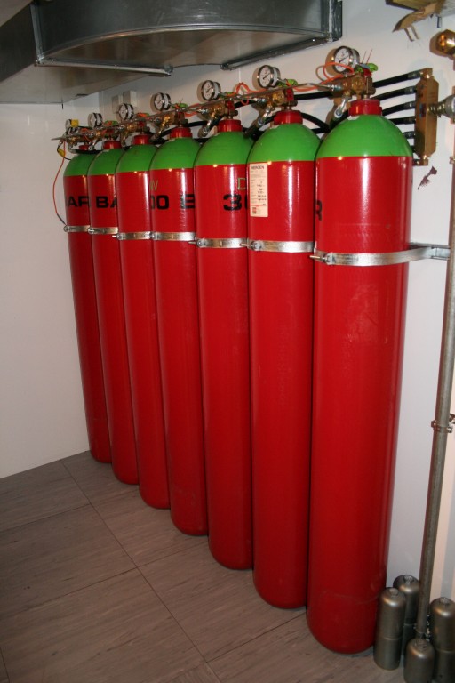 Cylinders containing argon gas for use in extinguishing fire without damaging server equipment