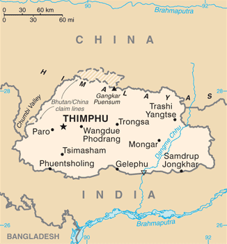 A map of Bhutan showing its borders with China and India as of 2015.