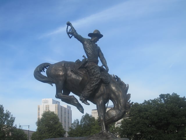 The "Bronco Buster", a variation of Frederic Remington's "Bronco Buster" western sculpture at the Denver capitol grounds, a gift from J.K. Mullen in 1920