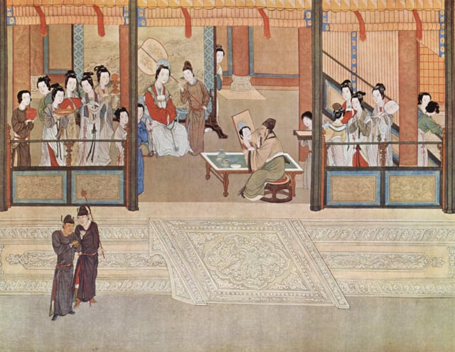 Spring morning in a Han palace, by Qiu Ying (1494–1552); excessive luxury and decadence marked the late Ming period, spurred by the enormous state bullion of incoming silver and by private transactions involving silver.