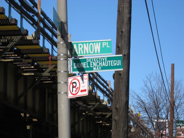 Daniel Enchautegui Way (formerly Arnow Place) in Pelham Bay, renamed in honor of a fallen police officer